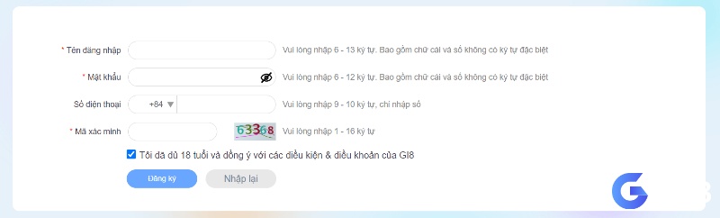 Giao diện đăng ký tài khoản Gi8